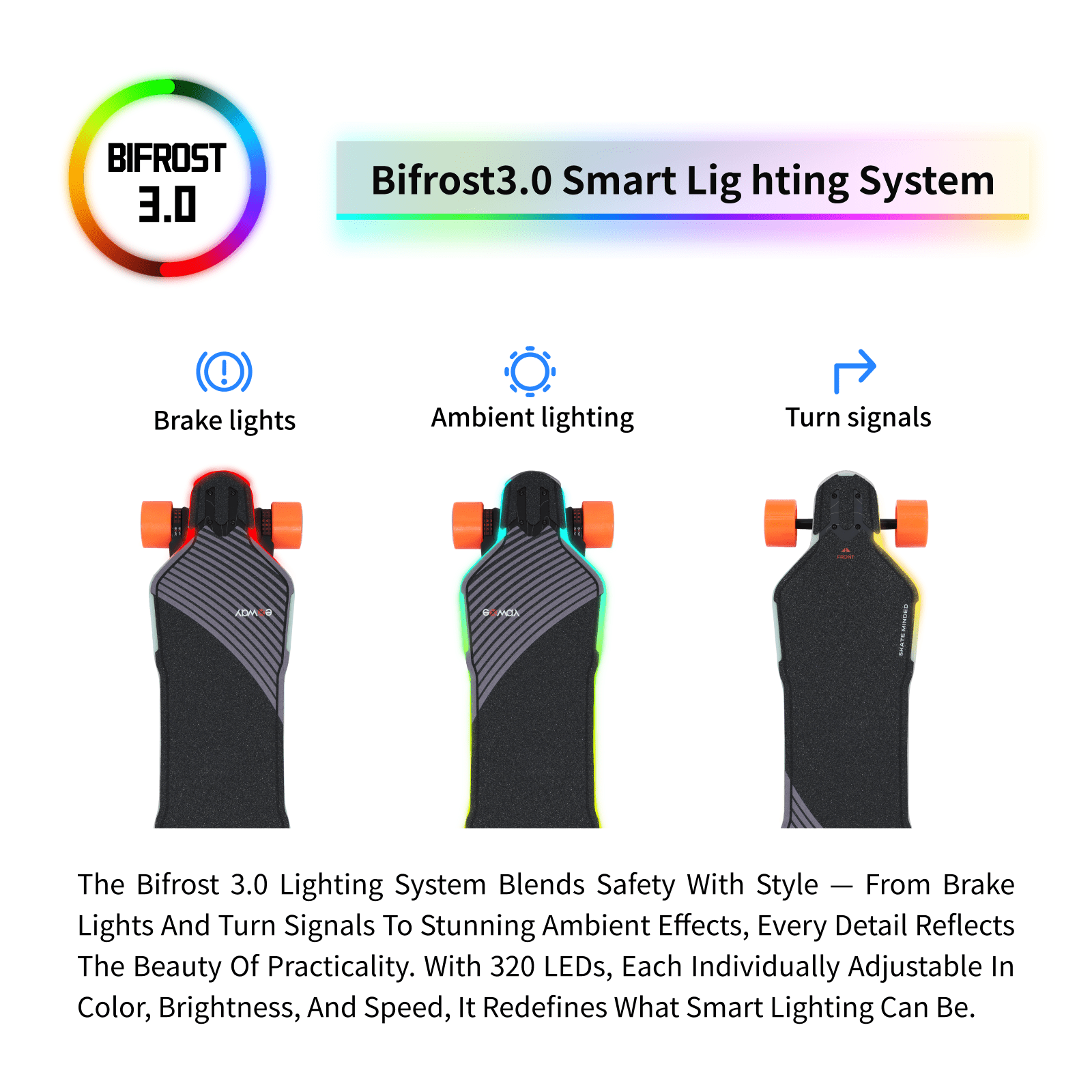 Close-up of Bifrost 3.0 smart lighting system on Exway Flex Pro V3
