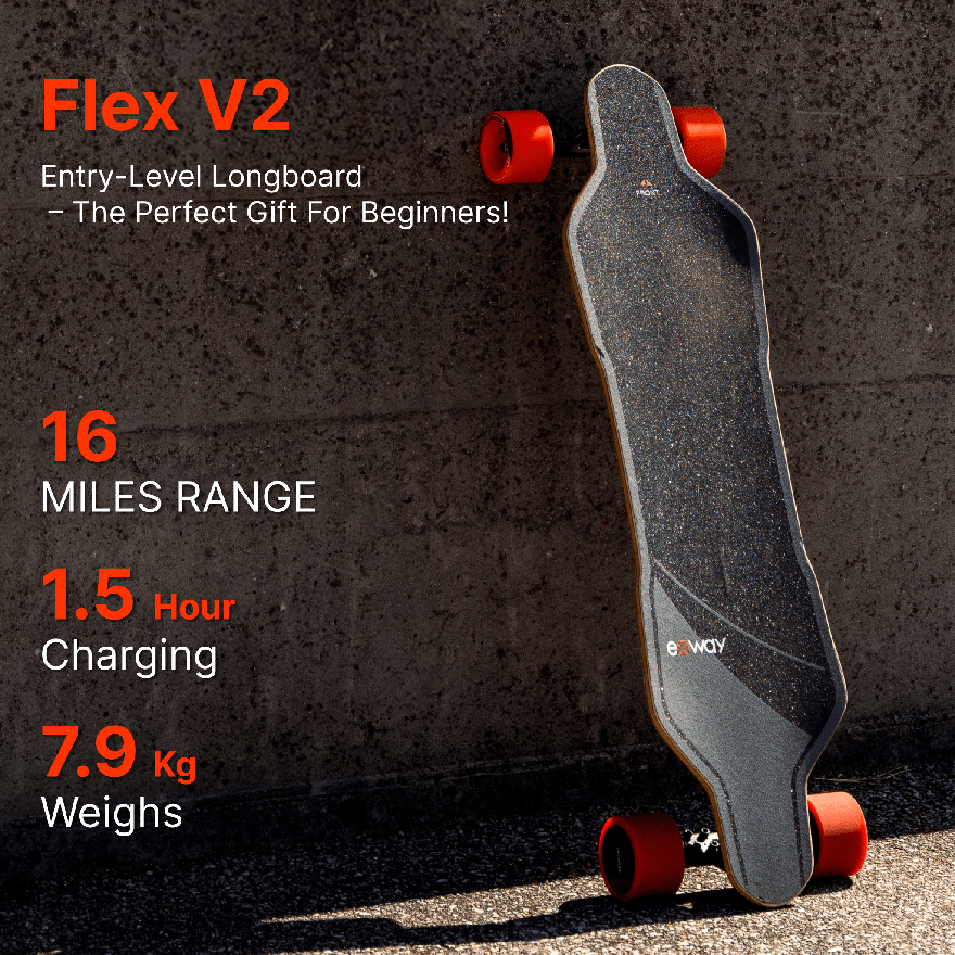 Full Front View of Exway Flex V2 Electric Skateboard with Related Specifications