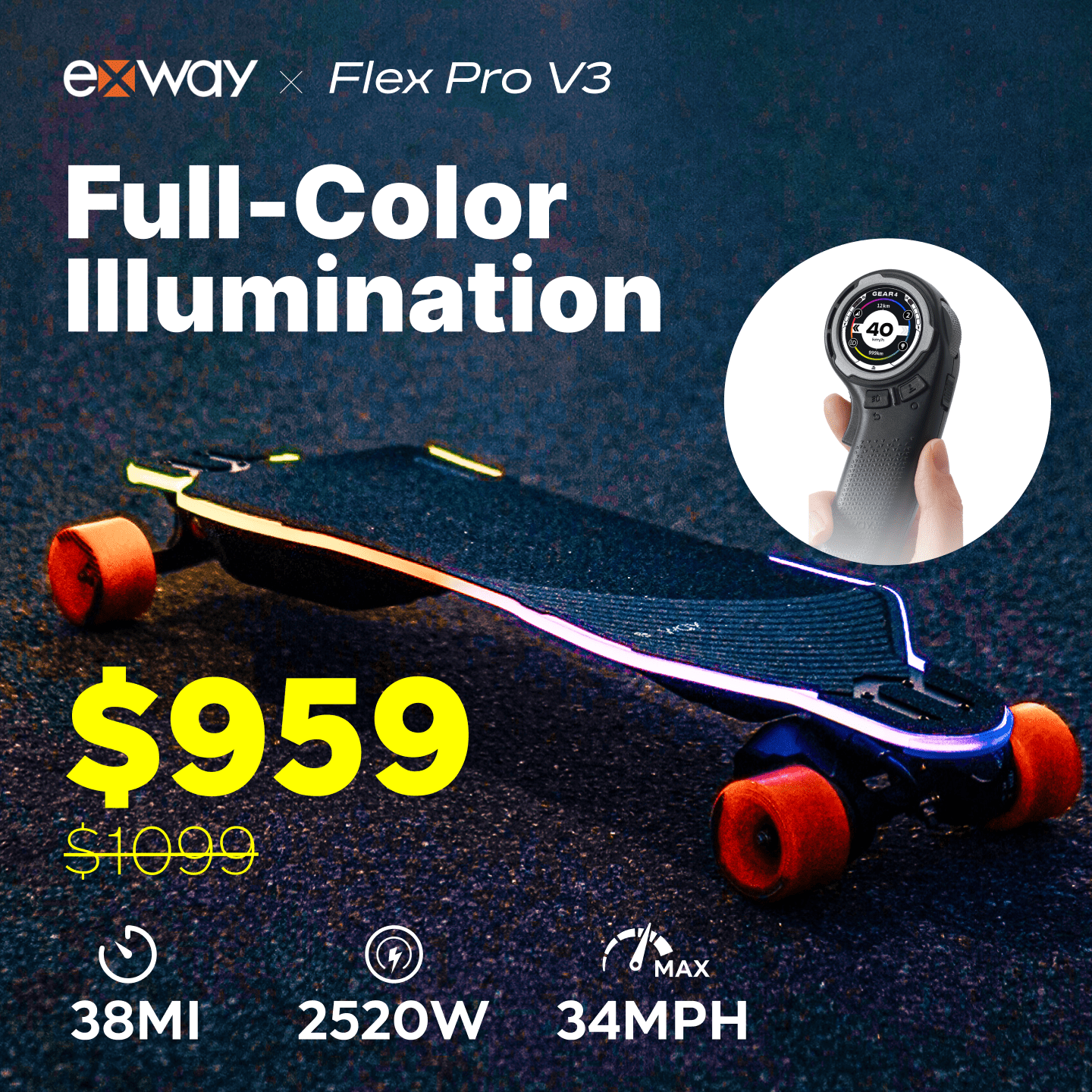 Rexus smart remote for Exway Flex Pro V3 electric skateboard with app connectivity